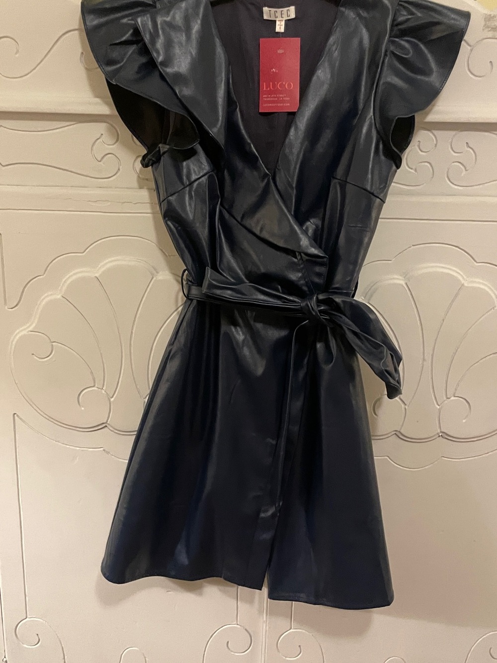 TCEC Navy Faux Leather Mini Wrap Dress with Ruffle Sleeves